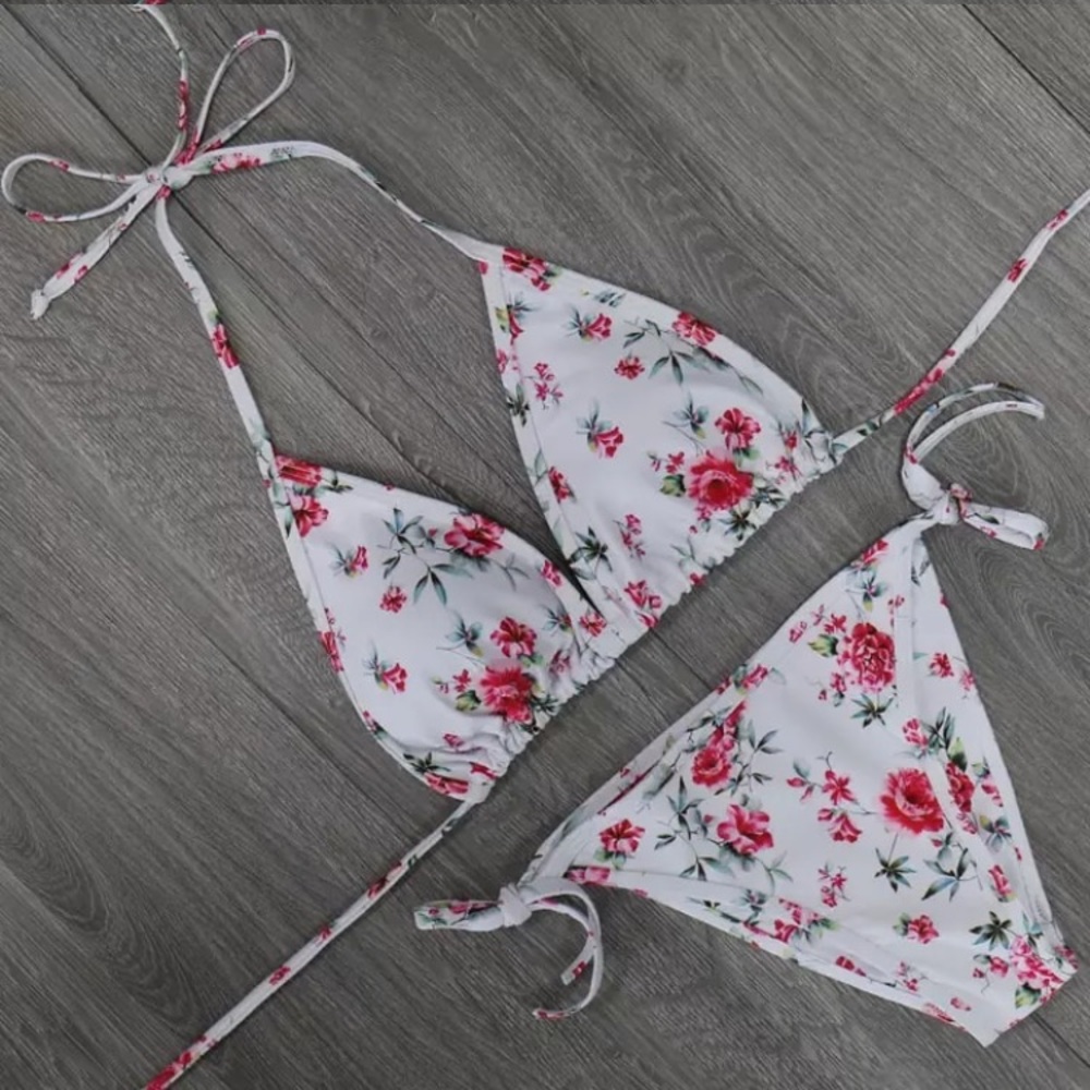 Floral Rose 2Pc Triangle Halter Bikini Swimsuit - Picture 4 of 4